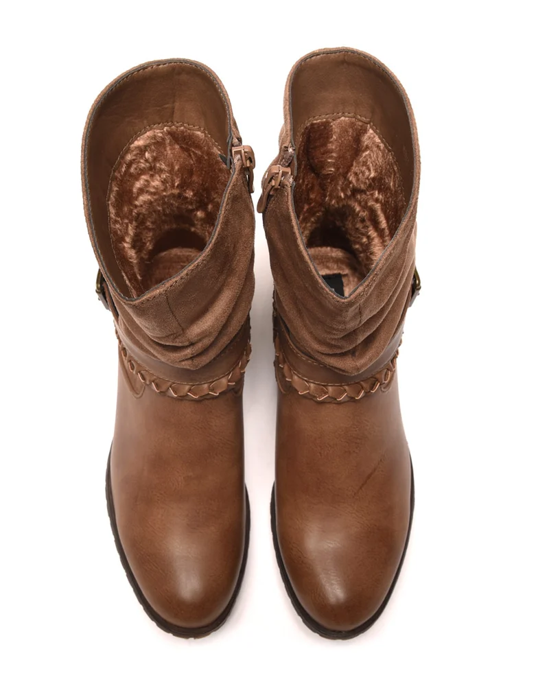 Bottines plates taupes avec lanières multiples et bi matières