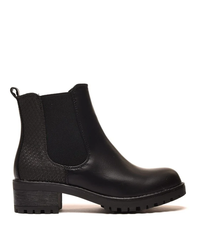 Bottines plates noires avec élastiques et motifs python