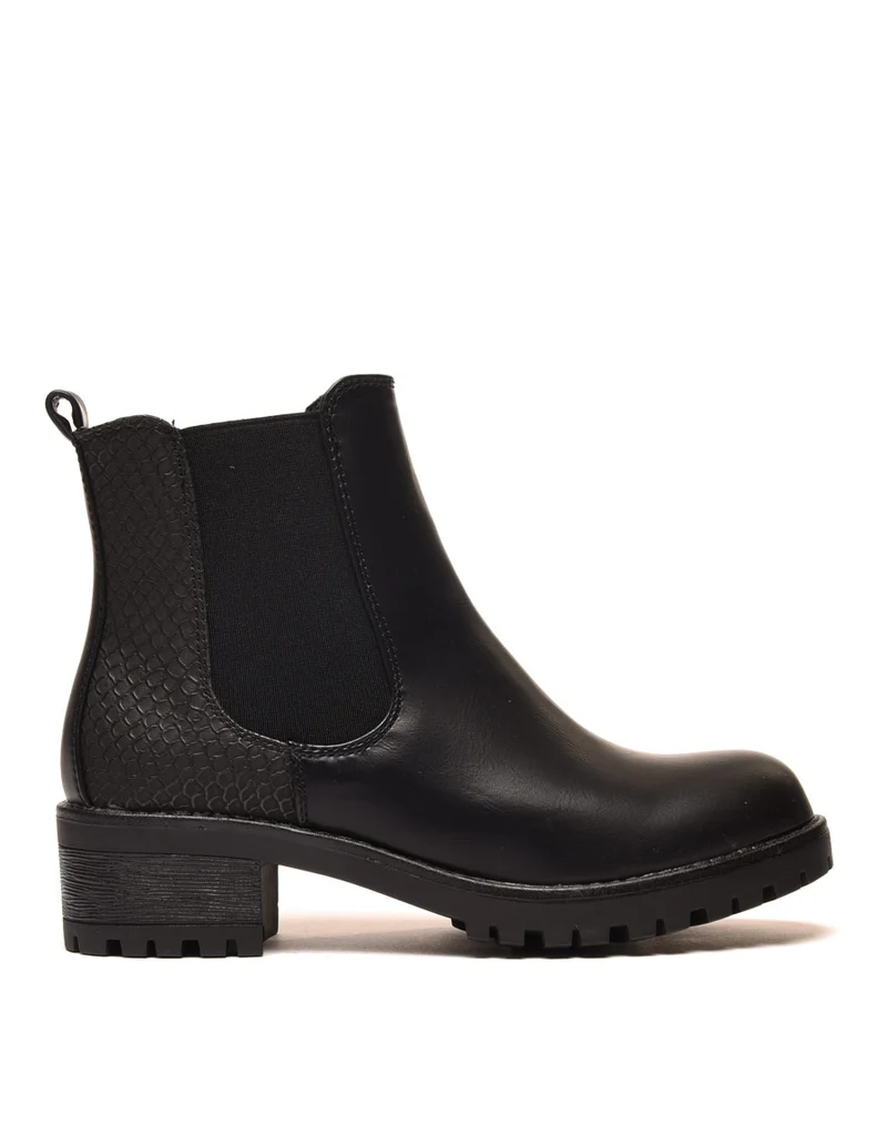 Bottines plates noires avec élastiques et motifs python