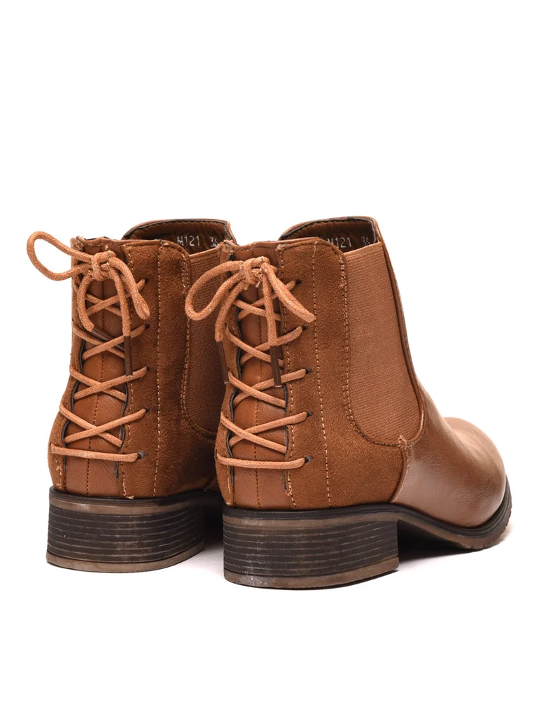 Bottines plates bi matières camel avec lacet décoratif arrière