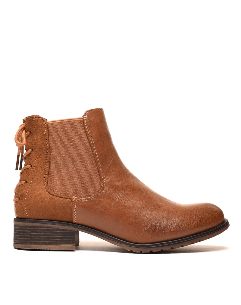 Bottines plates bi matières camel avec lacet décoratif arrière