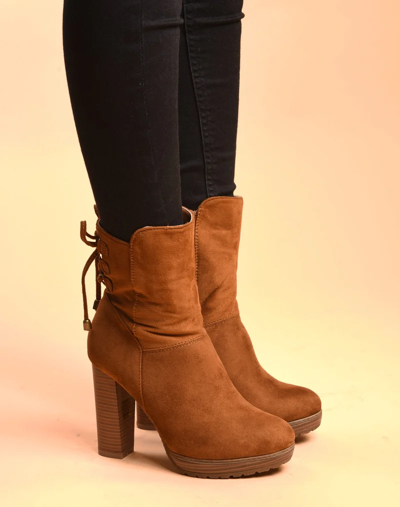Bottines hautes camel à talons & lacet façon corset