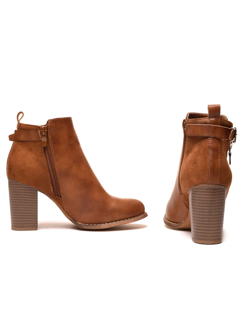 Bottines à talons camel bi matières avec sangle
