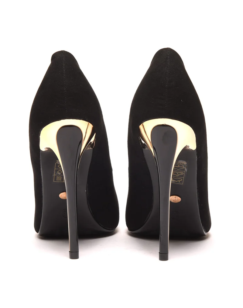 Escarpins noirs effet suédine à bout pointu et talon noir & doré