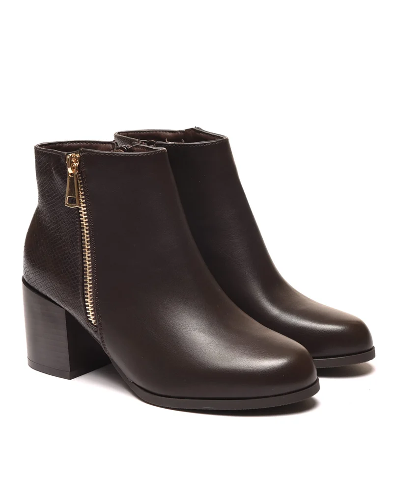 Bottines à talons marron avec fermeture & motifs python