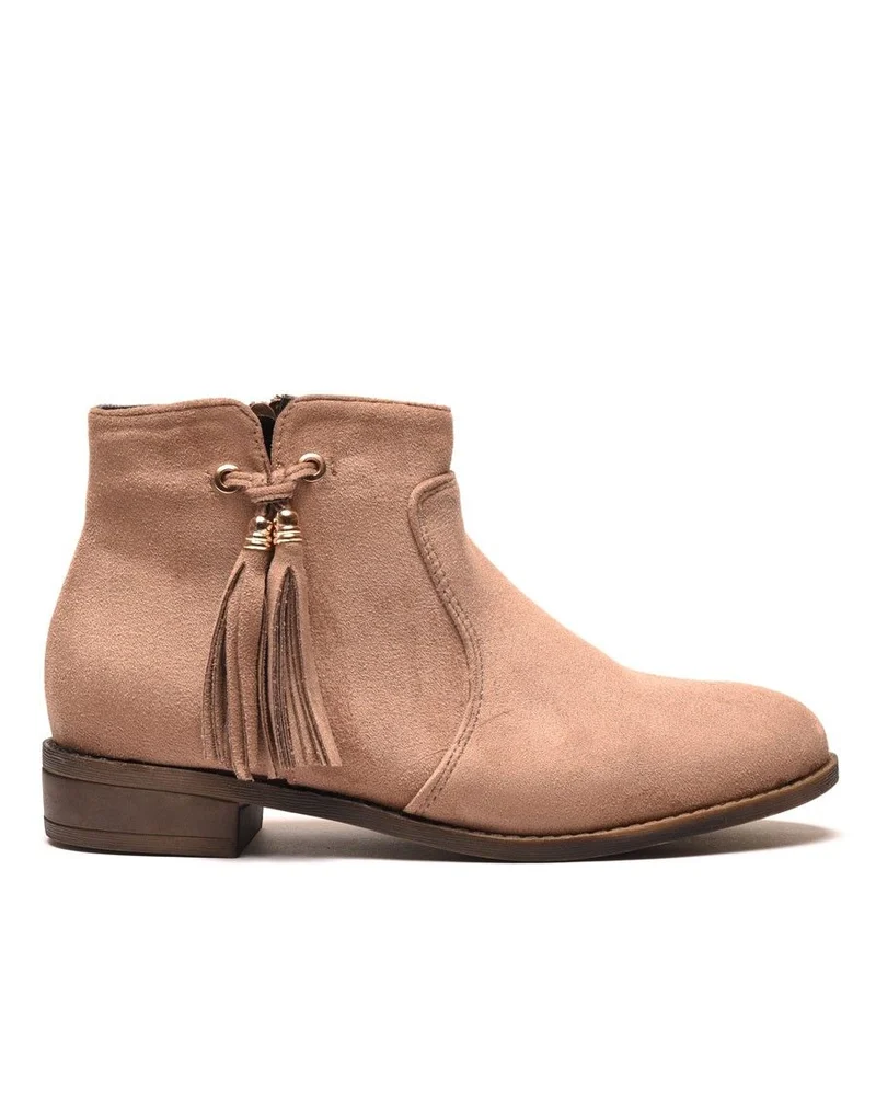 Bottines plates taupe avec pompons à franges