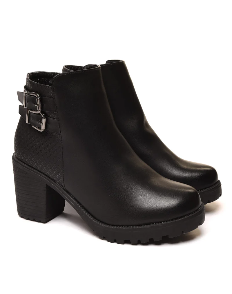 Bottines bi matières noires à talon mi haut