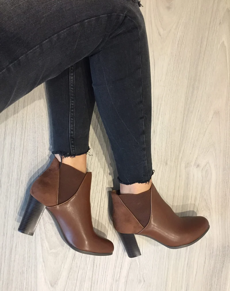 Bottines bi matières marron clair à talons