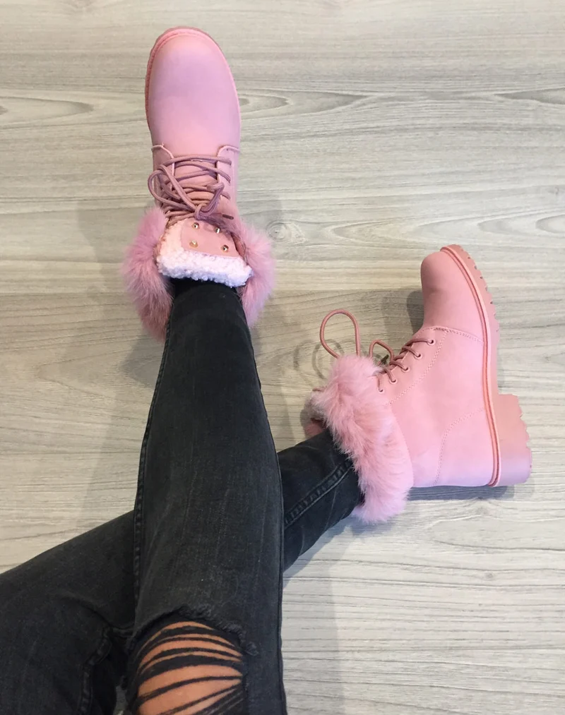 Chaussures montantes à lacets & fourrées roses