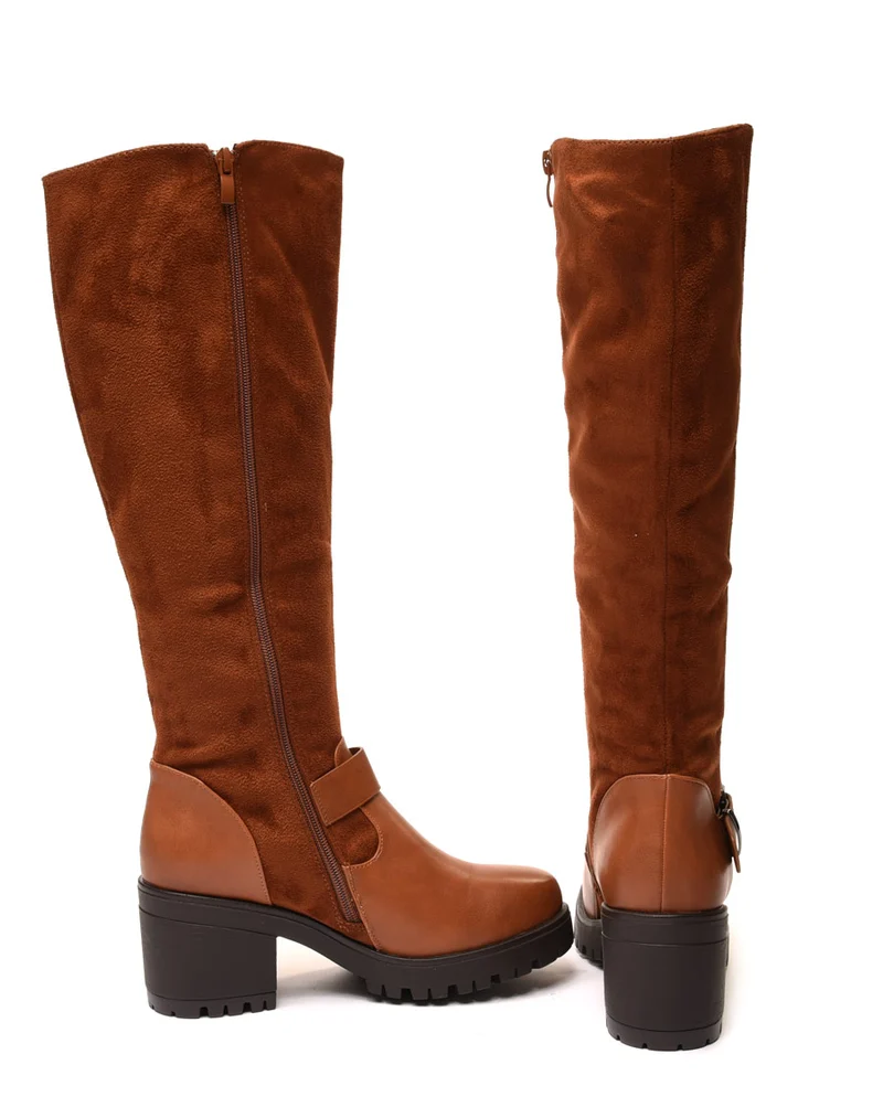 Bottes bi matières camel à talon mi haut
