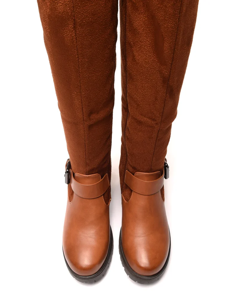Bottes bi matières camel à talon mi haut