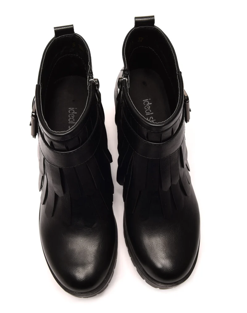 Bottines noires à franges à talons mi hauts