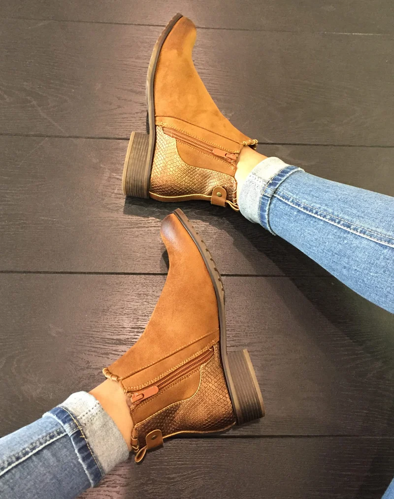 Bottines plates bi matières camel avec détails