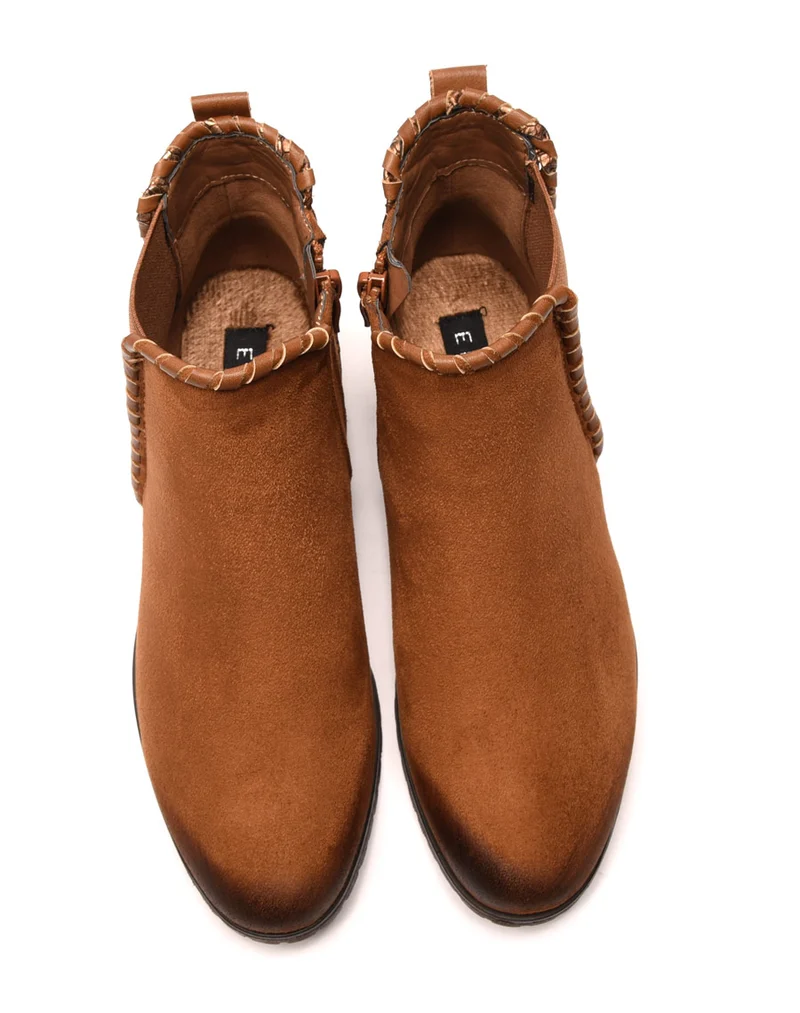 Bottines plates bi matières camel avec détails