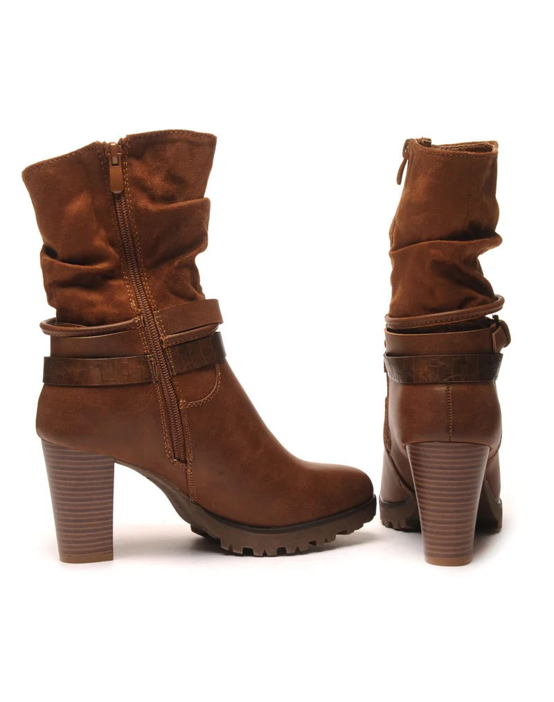 Bottines camel à talons bi-matière double bride