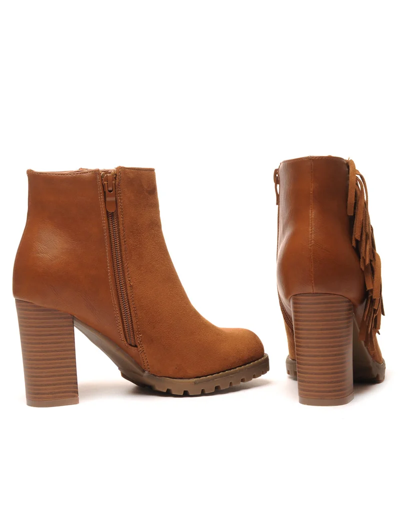 Bottines camel à talons bi-matière avec franges latérales