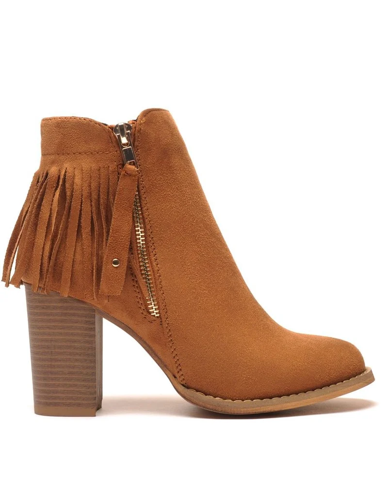Bottine à talon camel avec frange