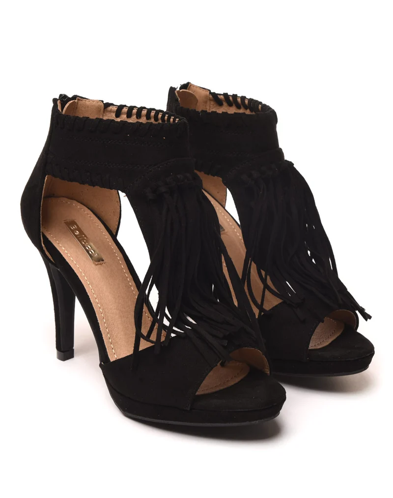 Escarpins noir ouverts à talons avec franges