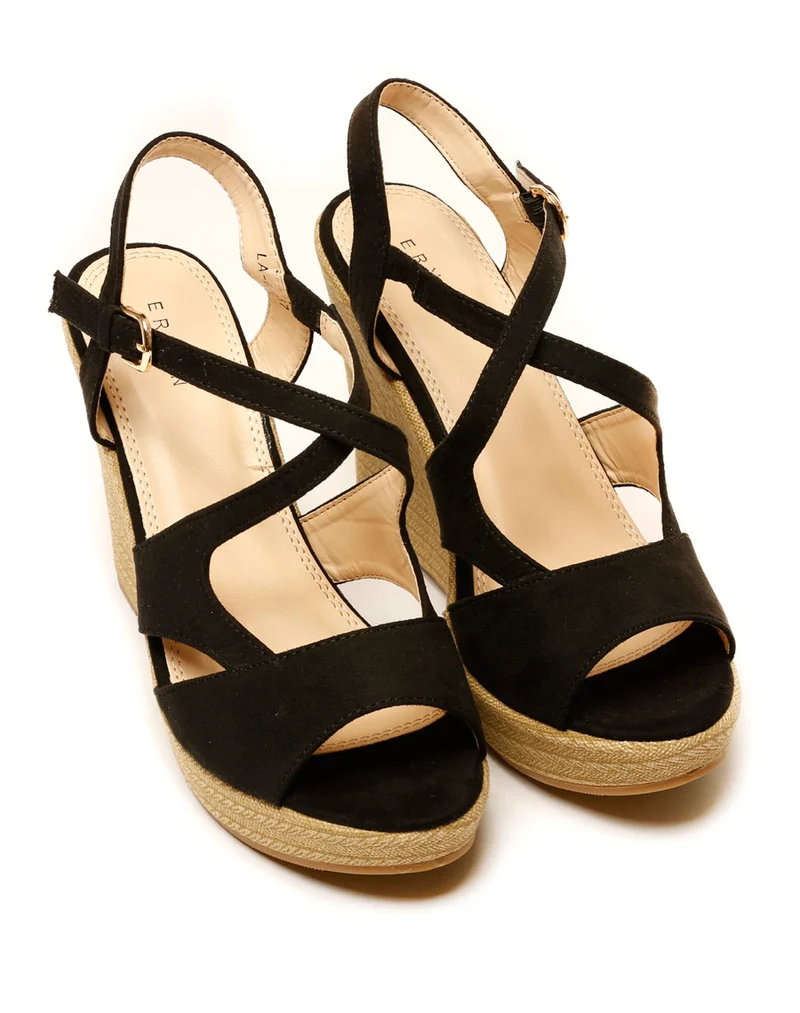 Sandale compensée noire motif tressé
