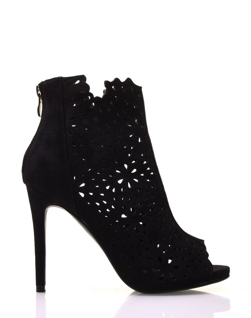 Bottines à talons noires ajourées en suédine