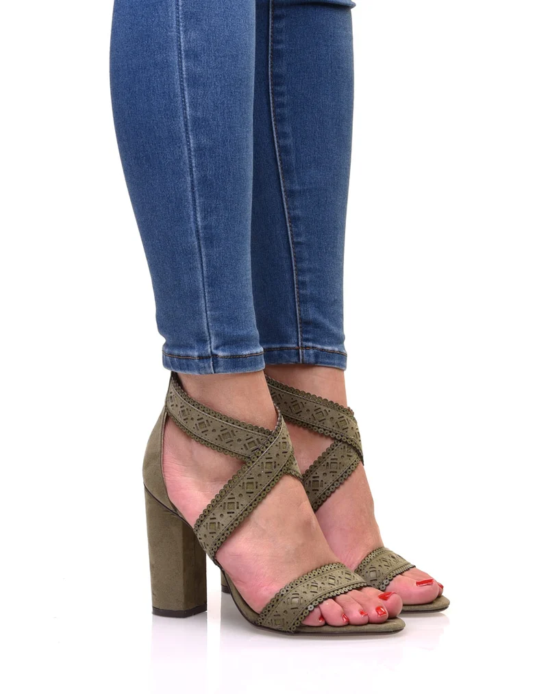 Sandales kaki en suédine à talons épais