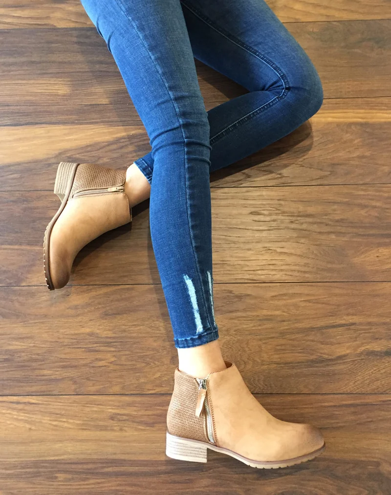 Bottines plates bi matières camel