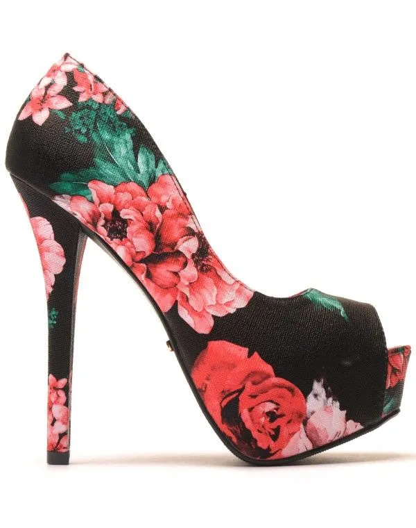 Escarpins fleuris peep toes rouges et verts
