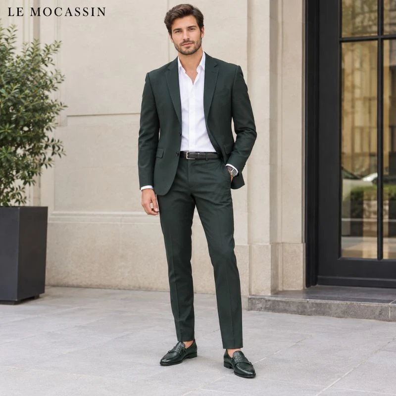Mocassins Verts Pointus En Cuir Effet Croco