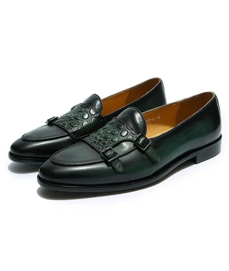 Mocassins Verts Pointus En Cuir Effet Croco