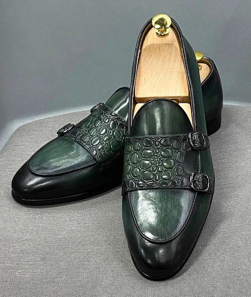 Mocassins Verts Pointus En Cuir Effet Croco