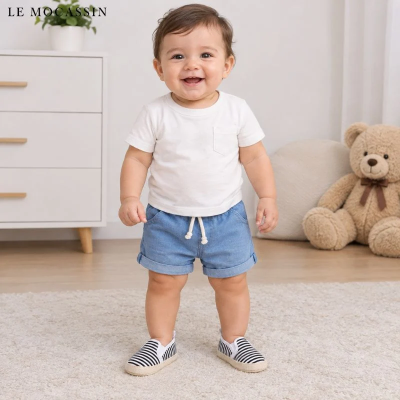 Mocassins premiers pas en Coton Motif Rayures