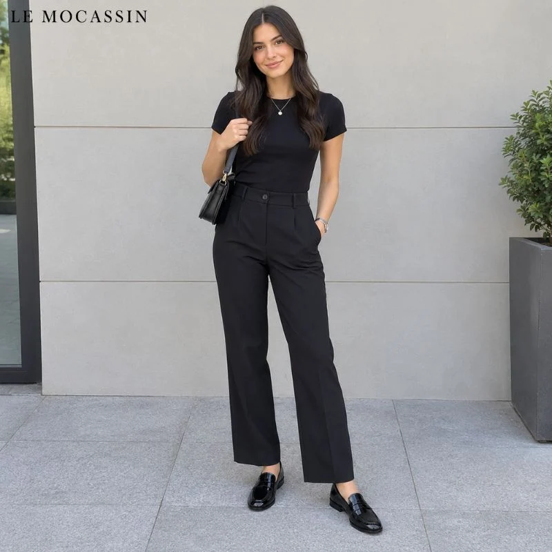 Mocassins Noirs Vernis En Cuir Avec Un Talon Carré