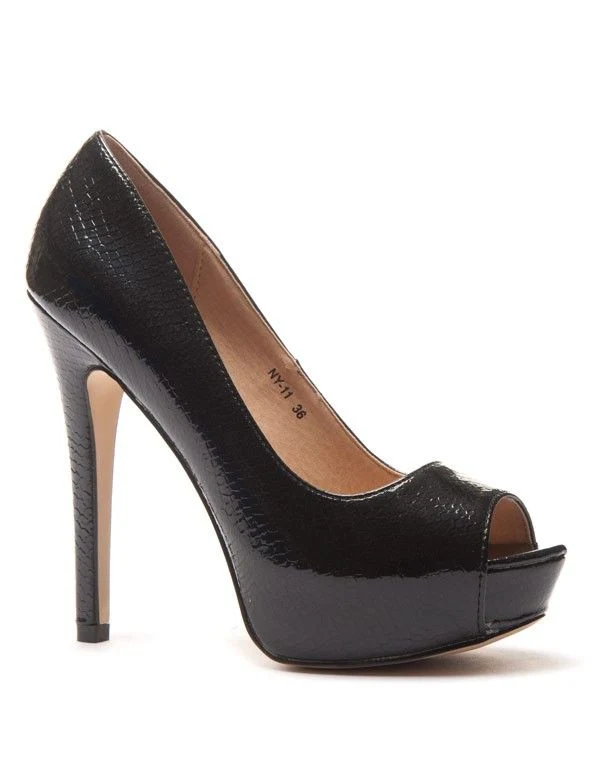 Escarpin peep toe noir verni croco