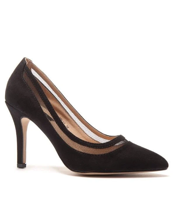 Escarpin noir touché effet suédine et empiècement résille
