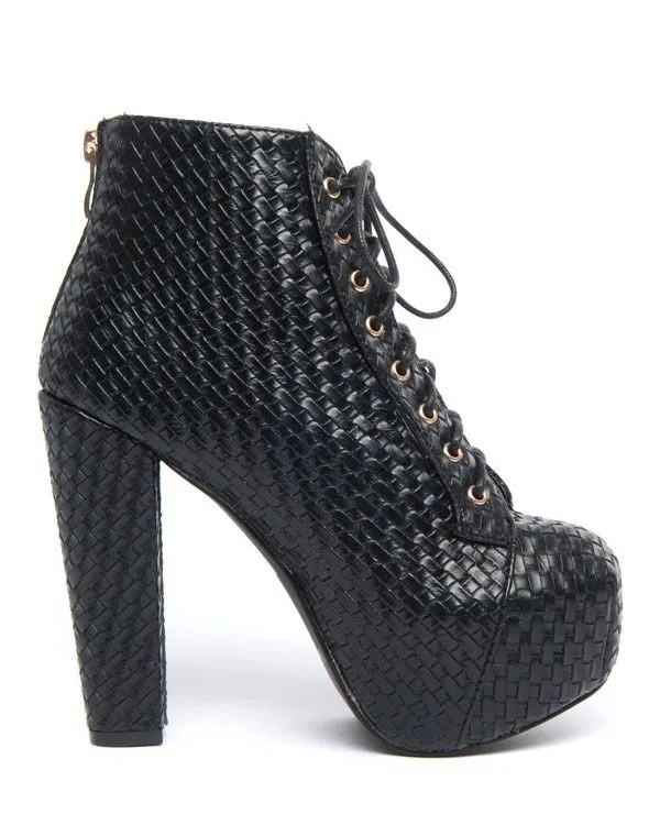 Bottines plateforme noir à talons haut effet tressé