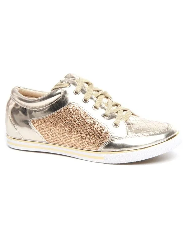 Chaussure femme sport or et paillettes à semelle blanche