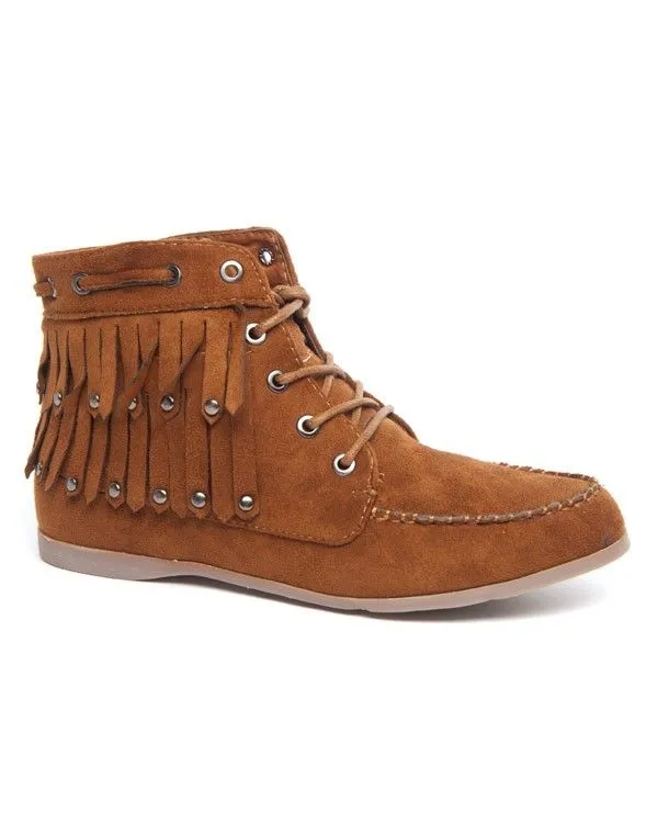 Mocassin femme à franges camel à surpiqures et lacets