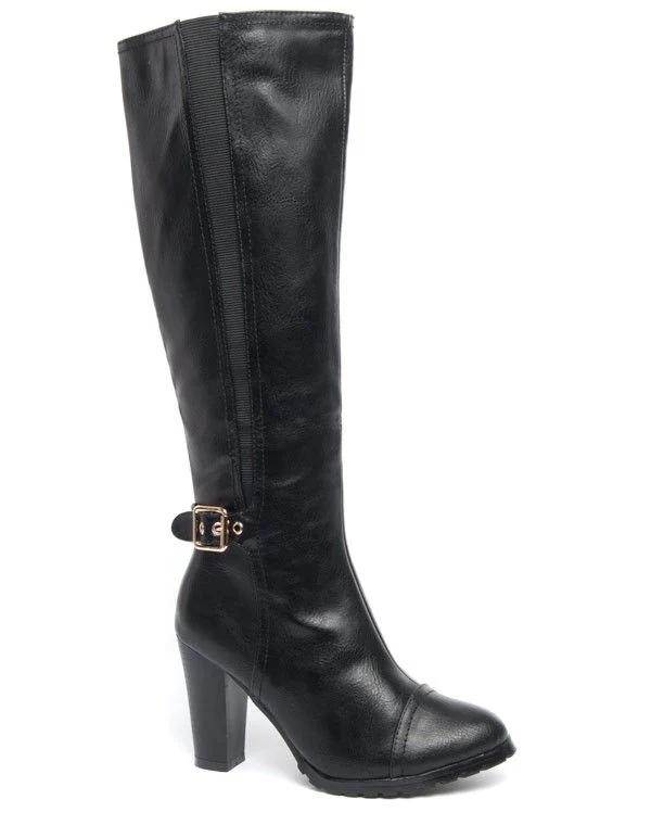 Botte haute Ideal noire à talon bottier et bande stretch