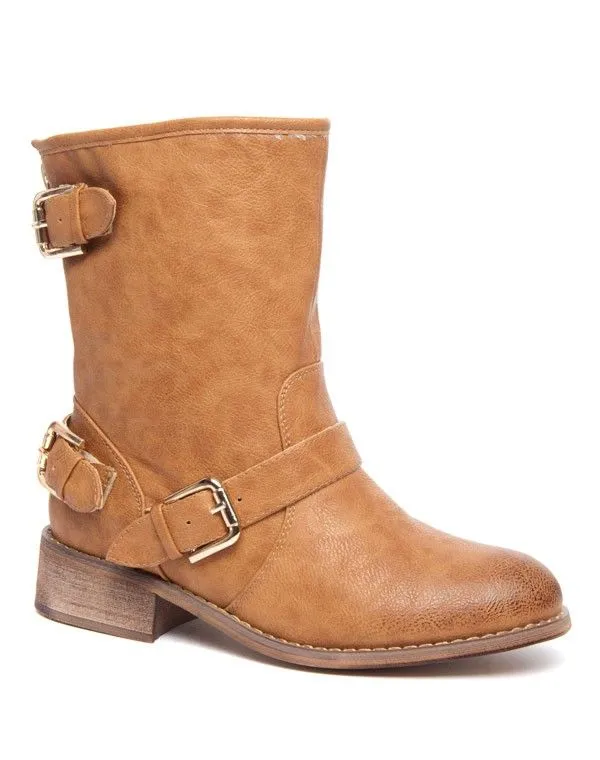 Botte fourrée vintage Alicia Shoes à boucles camel