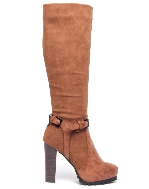 Bottes camel Sinly style cuissarde bi-matière talon haut et carré