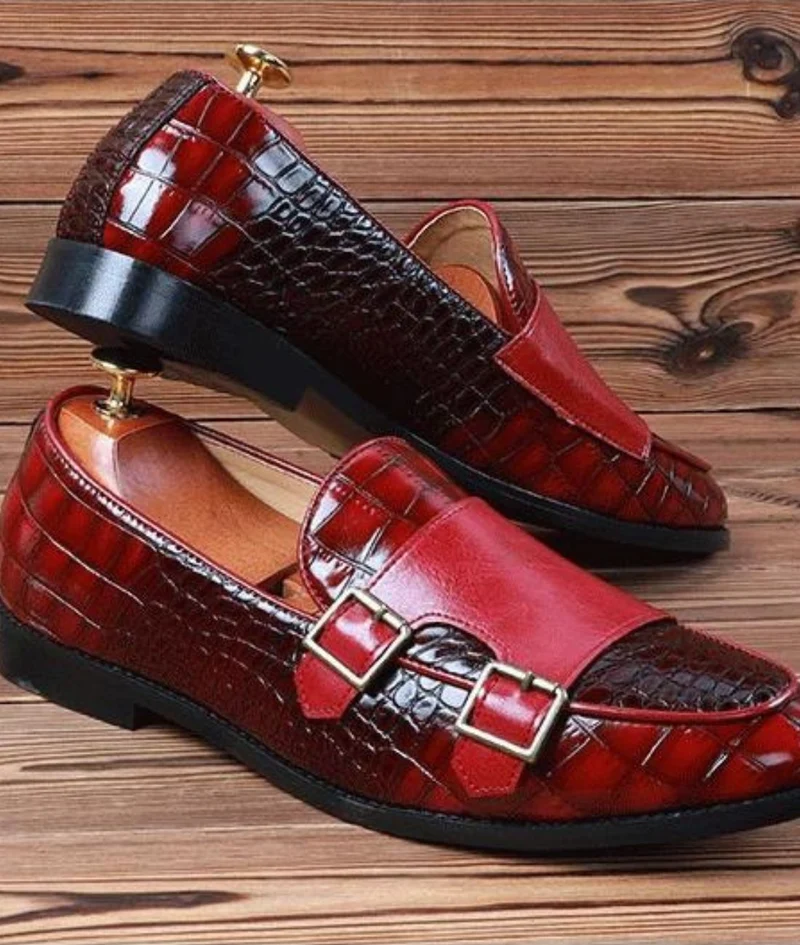 Mocassins En Cuir Vernis Rouge Grain Crocodile