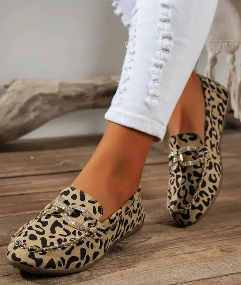 Mocassins Souples Imprimé Léopard Avec Anneaux En Strass