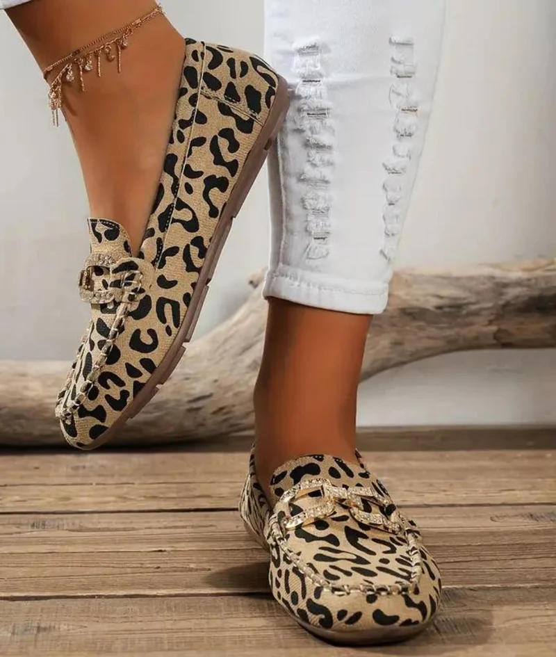 Mocassins Souples Imprimé Léopard Avec Anneaux En Strass