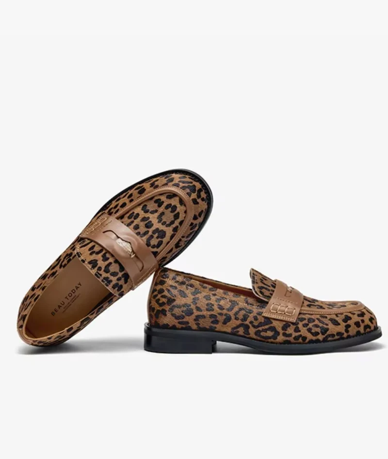 Mocassins Beiges À Semelle Plateforme Avec Motif Léopard