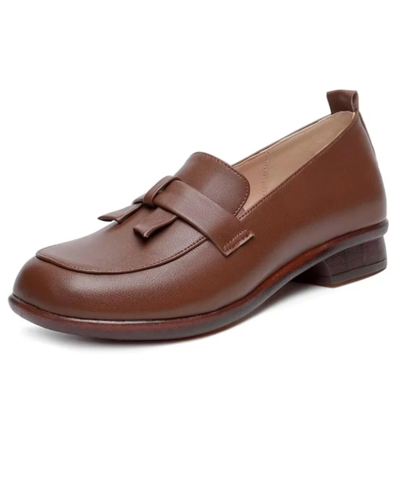 Mocassins Rétro En Cuir Souple À Talons Carré Pour Femmes