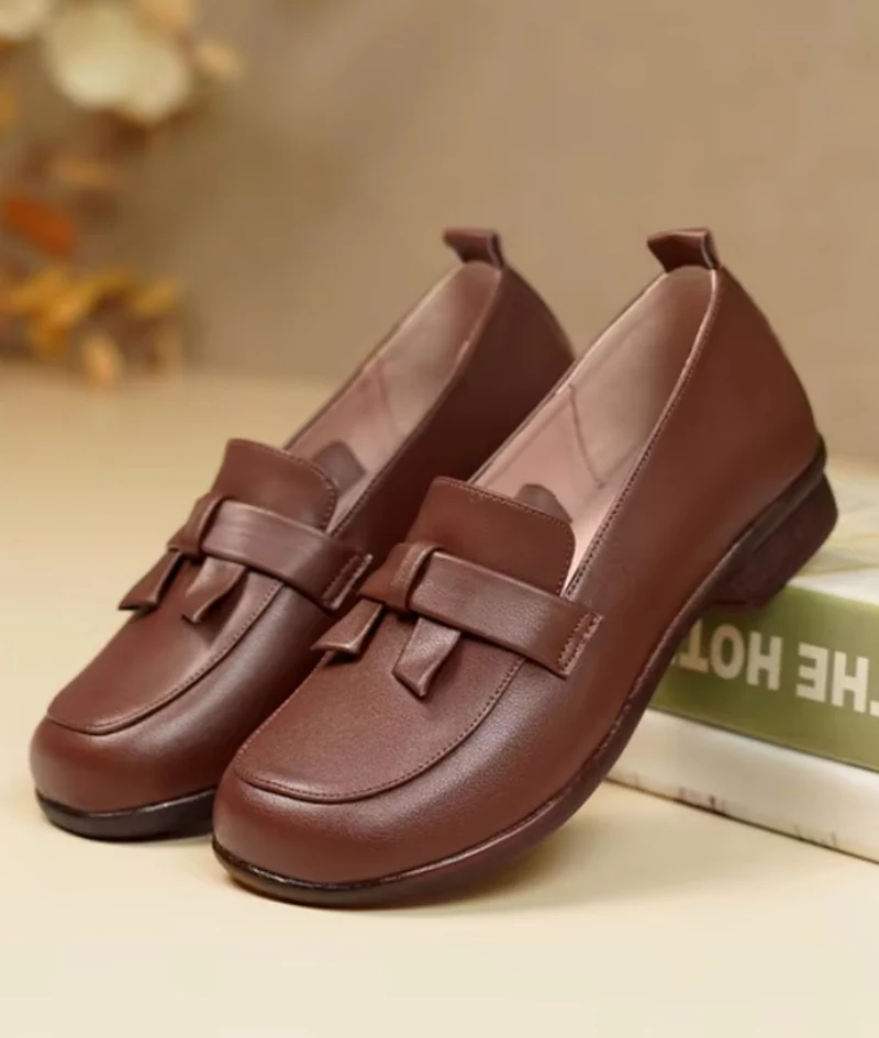 Mocassins Rétro En Cuir Souple À Talons Carré Pour Femmes