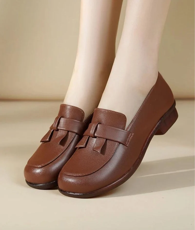 Mocassins Rétro En Cuir Souple À Talons Carré Pour Femmes